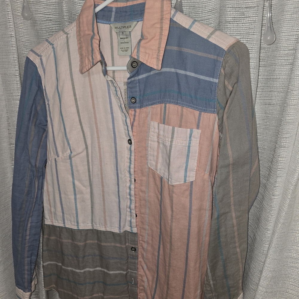 Women's Multiples Pastel Plaid Button-Up Shirt Grandma Style Vintage 100% Cotton